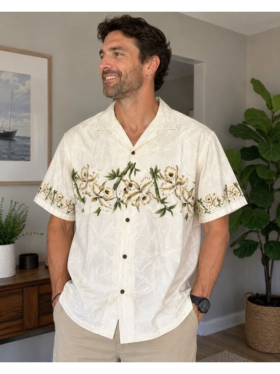KY’S Other - KY’S Hawaiian Shirt Mens Large Ivory Cotton Bamboo Floral Camp Aloha Button Up